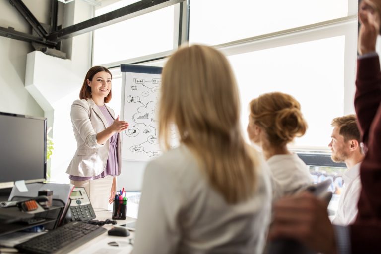 Agency strategist leading a team workshop at a flip chart